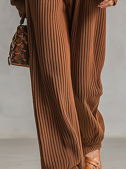 Cozy Relaxed-fit Brown V-neck Ribbed Knit Jumpsuit