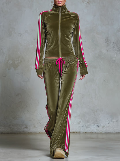 Retro Urban Sporty Stripe-Trim Olive Green Velour Zip-Up Top And Wide-Leg Pants Set