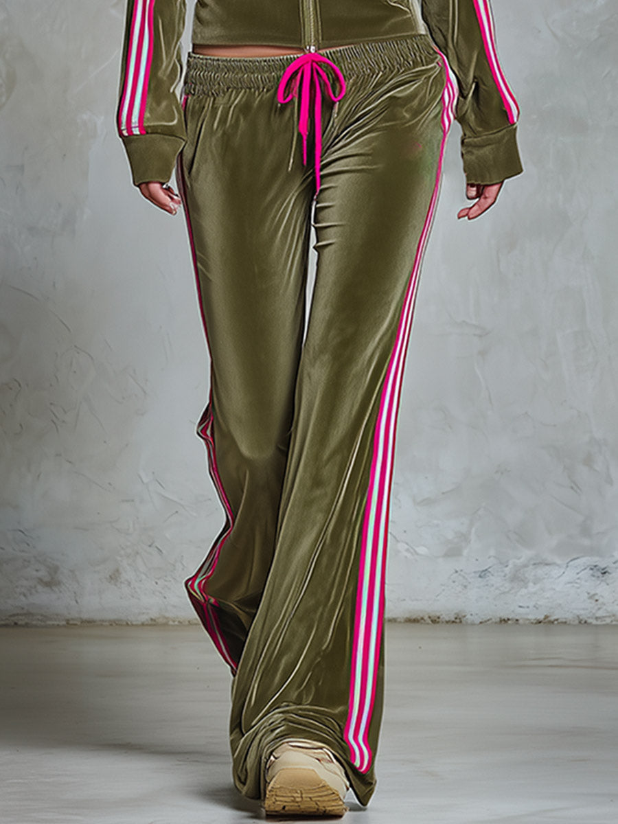 Retro Urban Sporty Stripe-Trim Olive Green Velour Zip-Up Top And Wide-Leg Pants Set