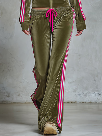 Retro Urban Sporty Stripe-Trim Olive Green Velour Zip-Up Top And Wide-Leg Pants Set