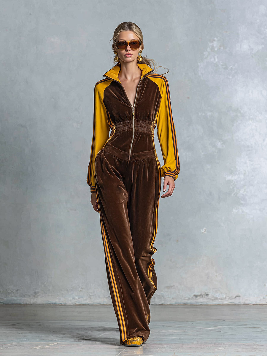 Retro Sporty Style Brown Velour Yellow Raglan Sleeves Front Zipper Wide-Leg Jumpsuit