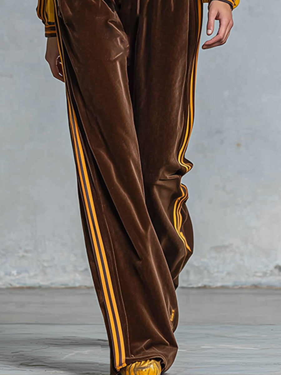 Retro Sporty Style Brown Velour Yellow Raglan Sleeves Front Zipper Wide-Leg Jumpsuit