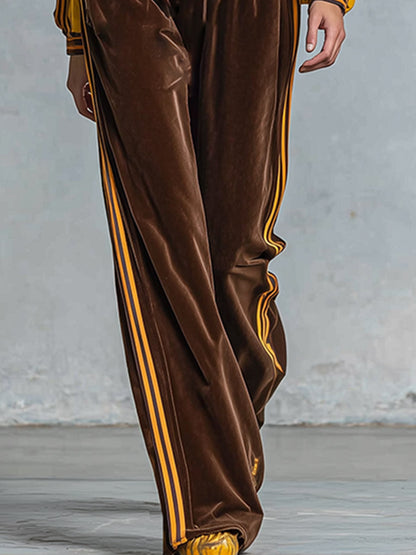 Retro Sporty Style Brown Velour Yellow Raglan Sleeves Front Zipper Wide-Leg Jumpsuit