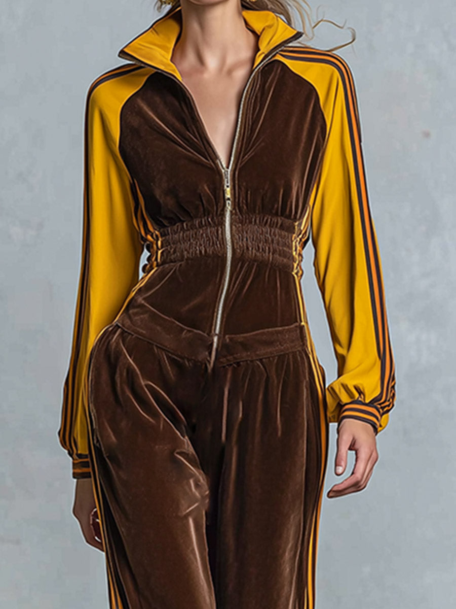 Retro Sporty Style Brown Velour Yellow Raglan Sleeves Front Zipper Wide-Leg Jumpsuit