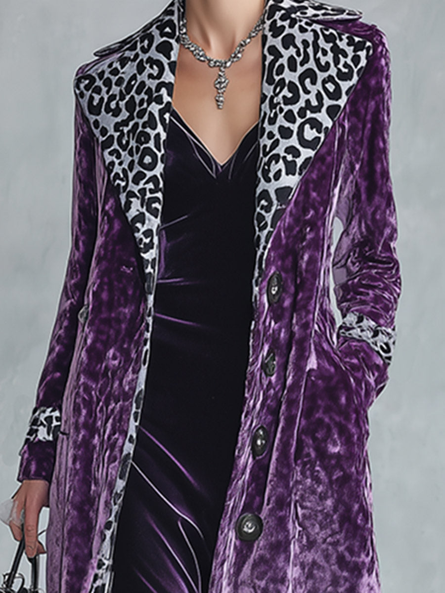 Vintage-style Leopard Print Lining Deep Plum-purple Velvet Coat