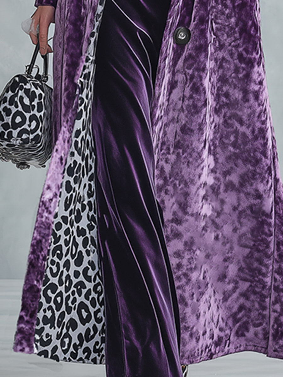 Vintage-style Leopard Print Lining Deep Plum-purple Velvet Coat