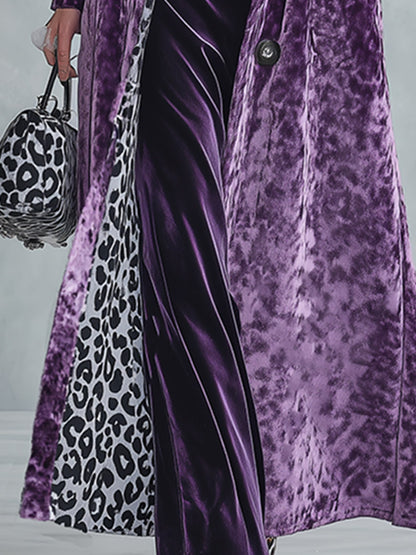 Vintage-style Leopard Print Lining Deep Plum-purple Velvet Coat