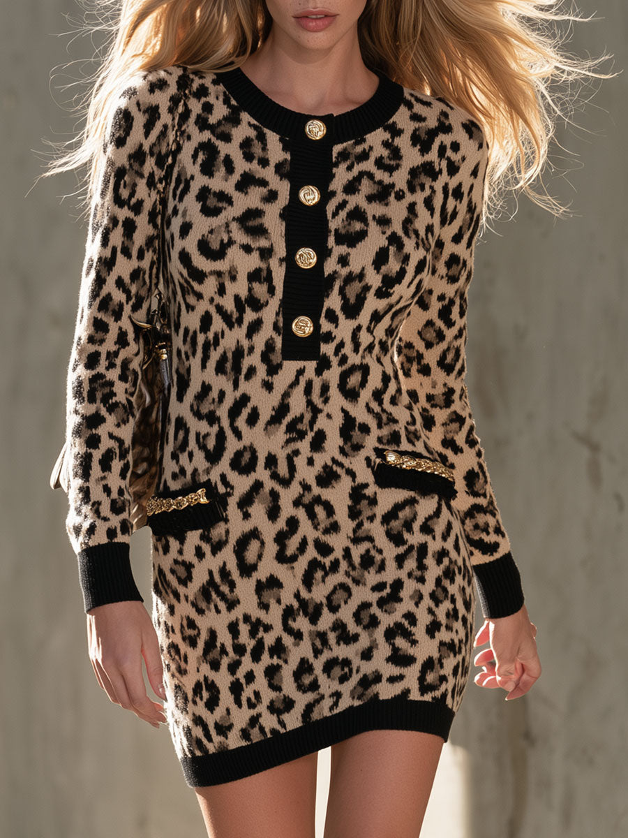 Vintage Chain-embellished Brown Leopard Print Knit Mini Dress