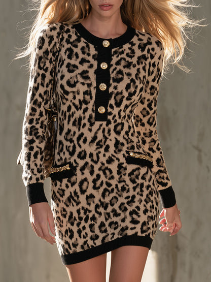 Vintage Chain-embellished Brown Leopard Print Knit Mini Dress