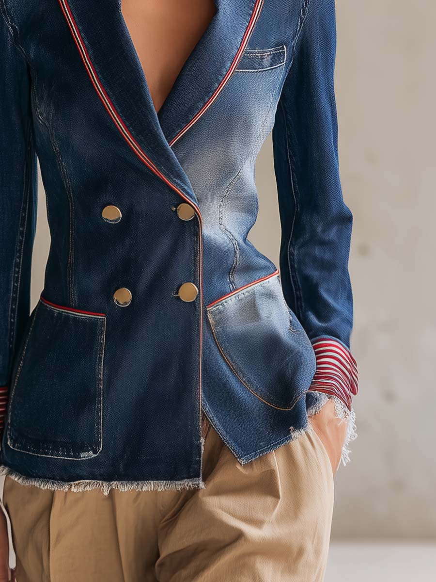 Americana Washed Denim Peak-Lapel Gold-Button Fitted Frayed-Hem Tailored Blazer Women