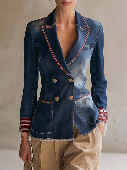Americana Washed Denim Peak-Lapel Gold-Button Fitted Frayed-Hem Tailored Blazer Women