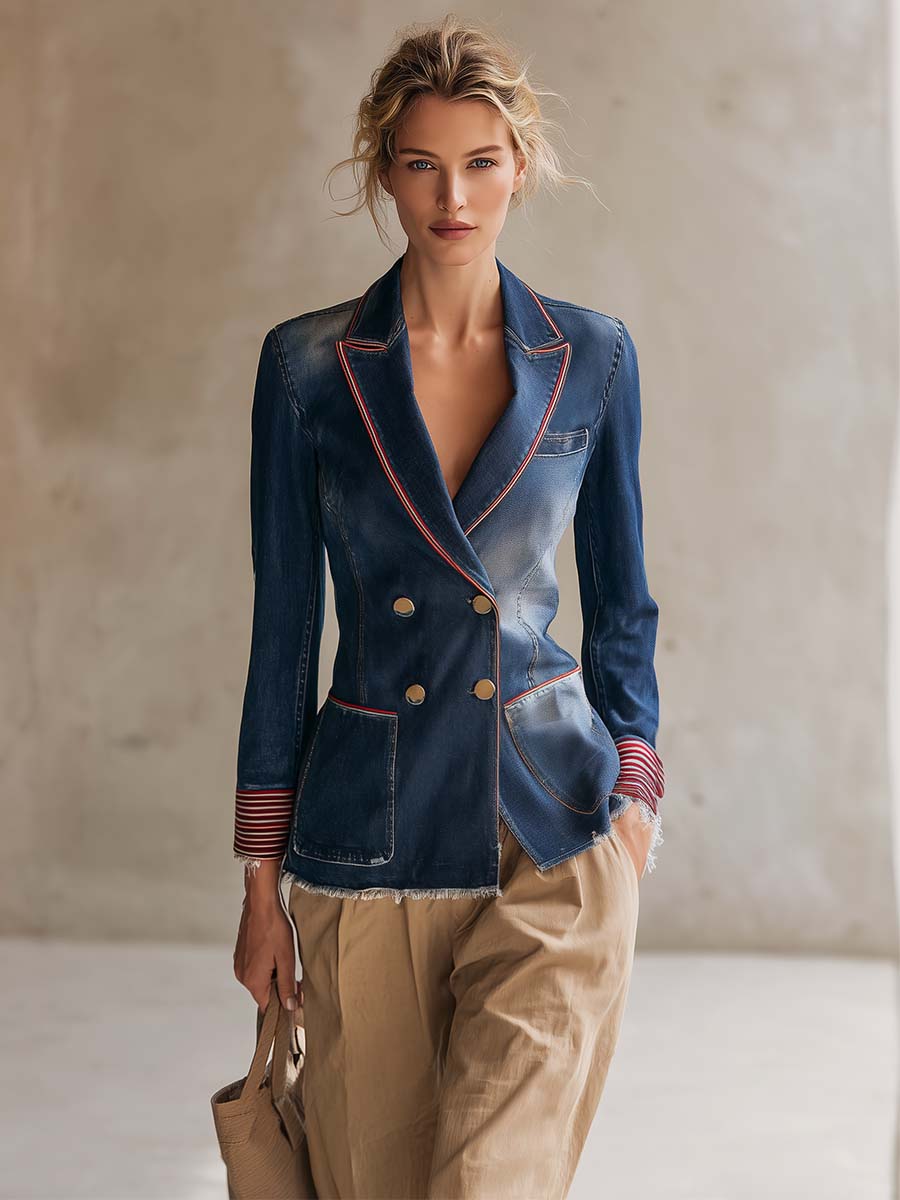 Americana Washed Denim Peak-Lapel Gold-Button Fitted Frayed-Hem Tailored Blazer Women