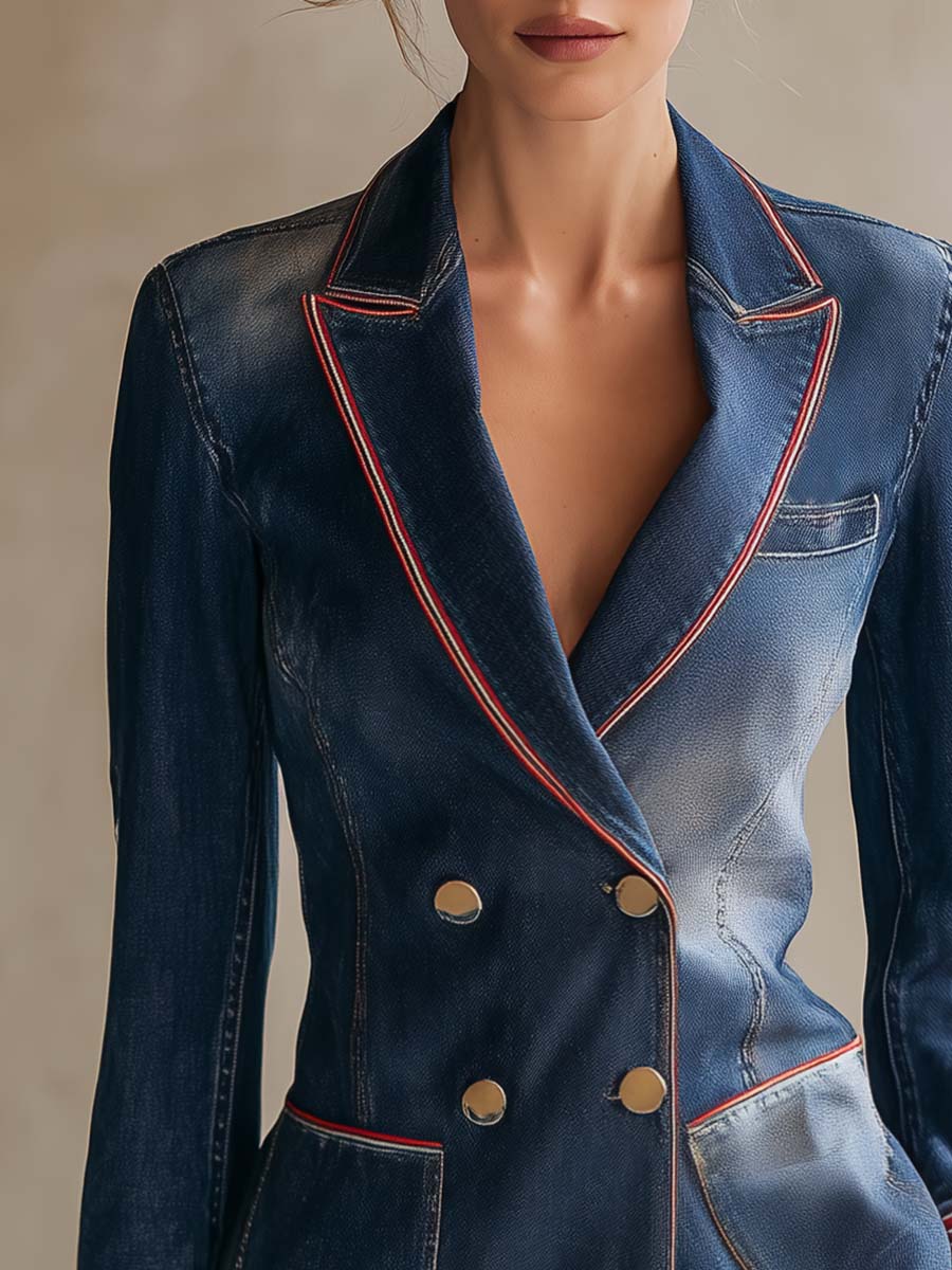 Americana Washed Denim Peak-Lapel Gold-Button Fitted Frayed-Hem Tailored Blazer Women