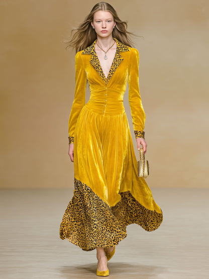 Elegant And Stylish Leopard Print Yellow Velvet Maxi Dress
