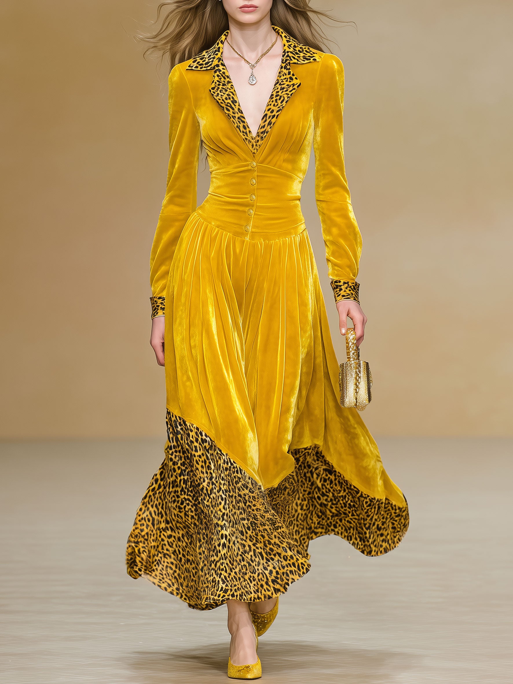 Elegant And Stylish Leopard Print Yellow Velvet Maxi Dress