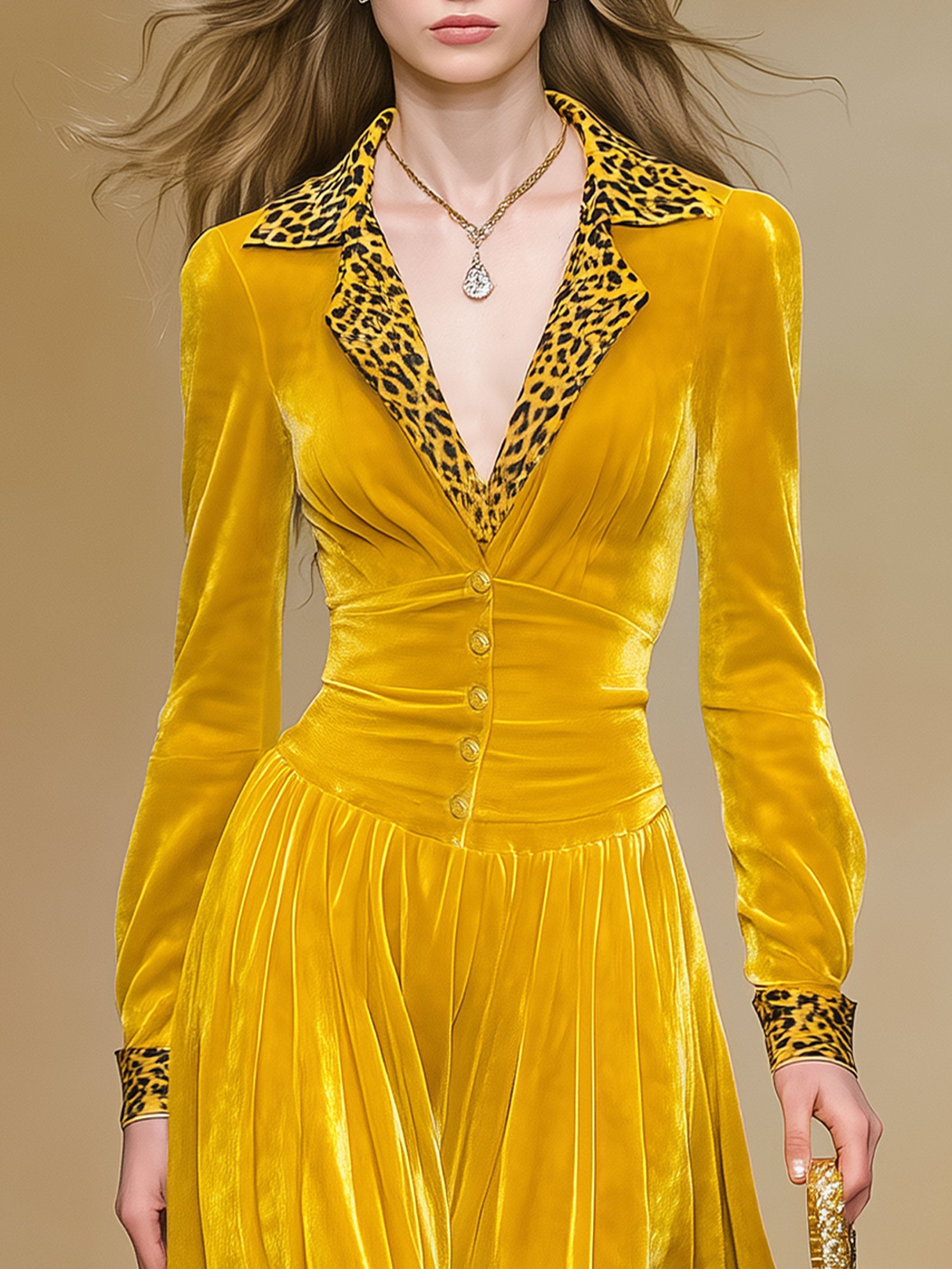 Elegant And Stylish Leopard Print Yellow Velvet Maxi Dress