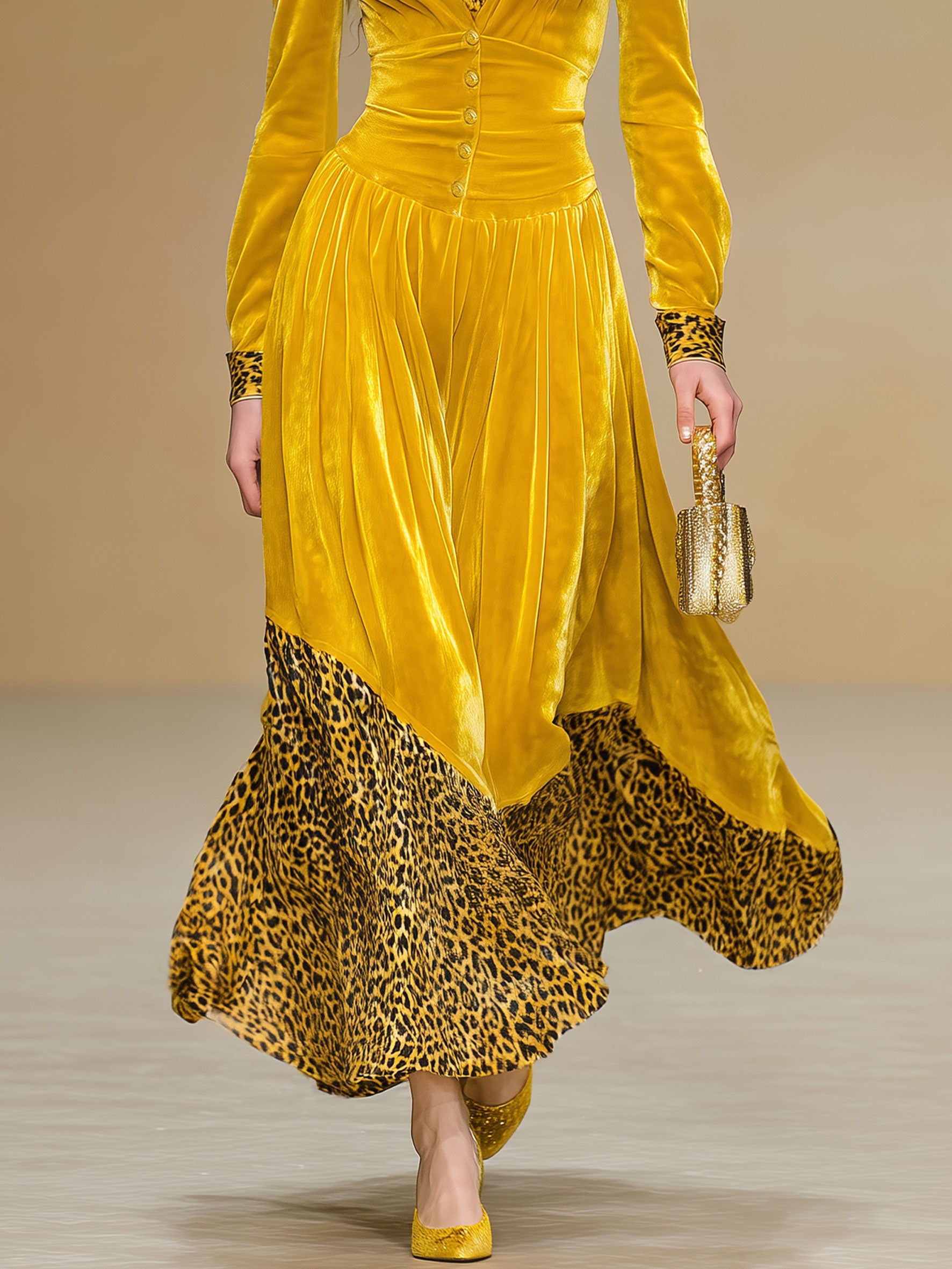 Elegant And Stylish Leopard Print Yellow Velvet Maxi Dress