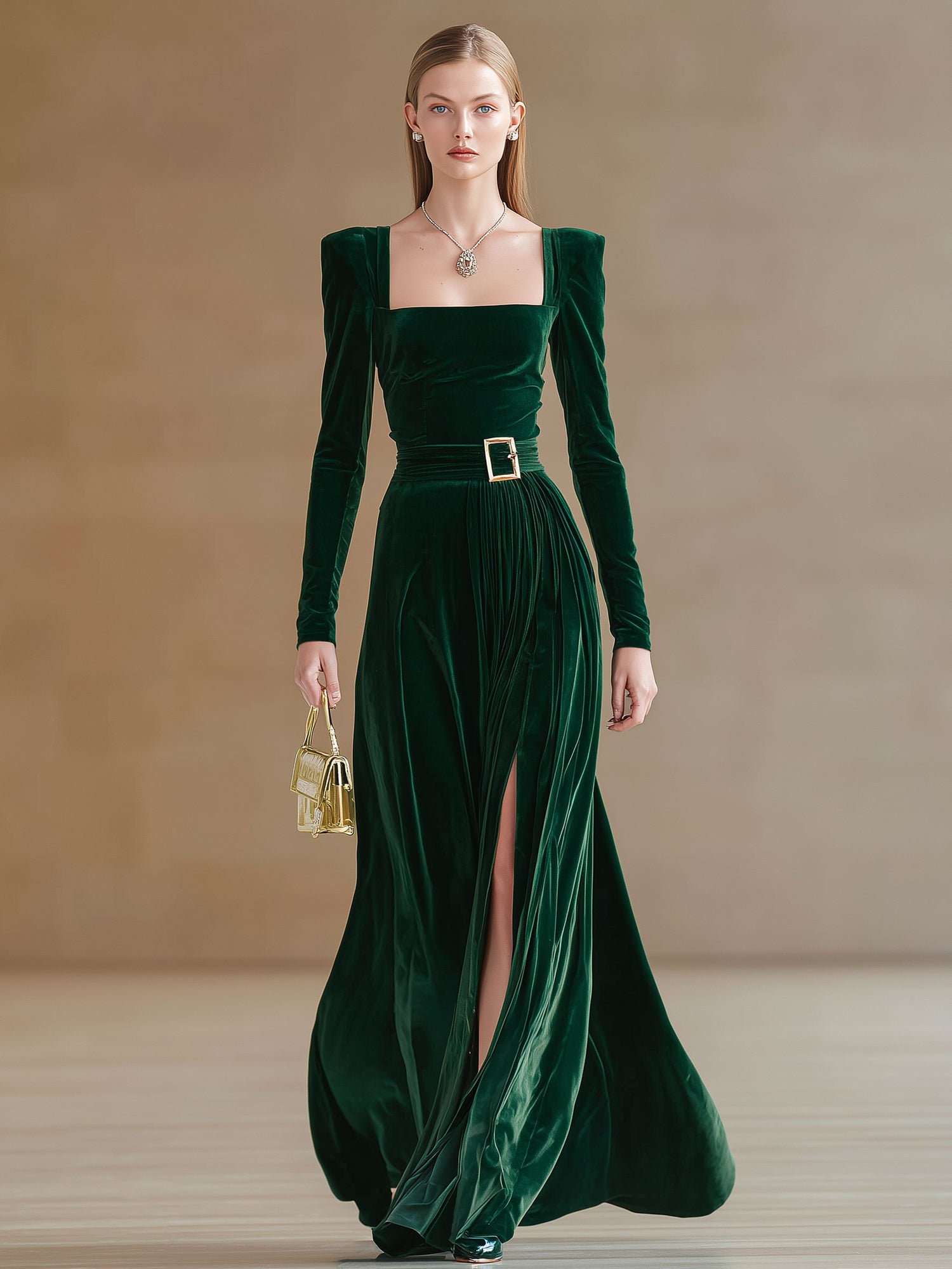 Elegant And Stylish Dark Green Velvet Square Neck Slit Maxi Dress