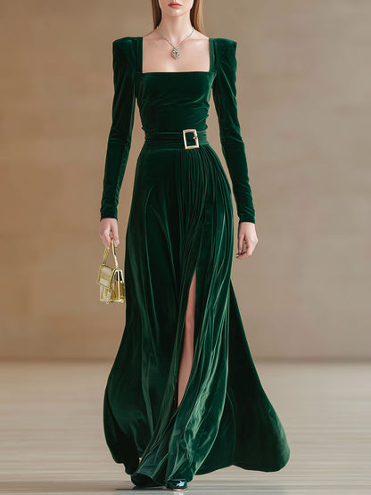 Elegant And Stylish Dark Green Velvet Square Neck Slit Maxi Dress