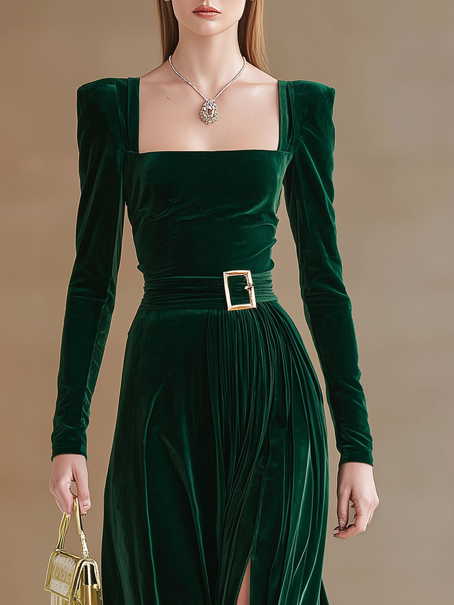 Elegant And Stylish Dark Green Velvet Square Neck Slit Maxi Dress