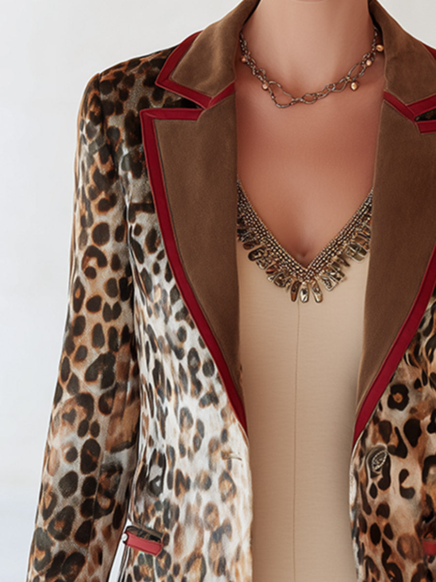 Retro-style Boho Trim Brown Leopard-print Faux Suede Mid-length Blazer