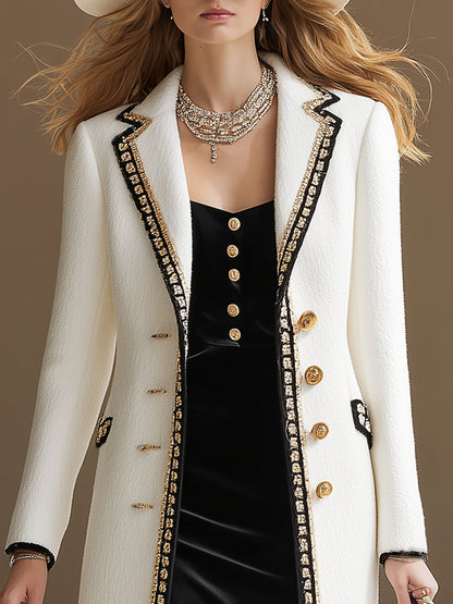 Stylish And Elegant Mid-length White Gold Trim White Wool Coat