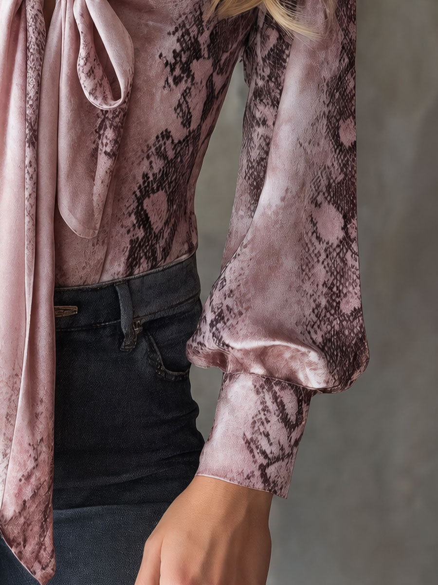 Western Retro Pink Snake Print Tie-Neck Puff Sleeve Velvet Shirt