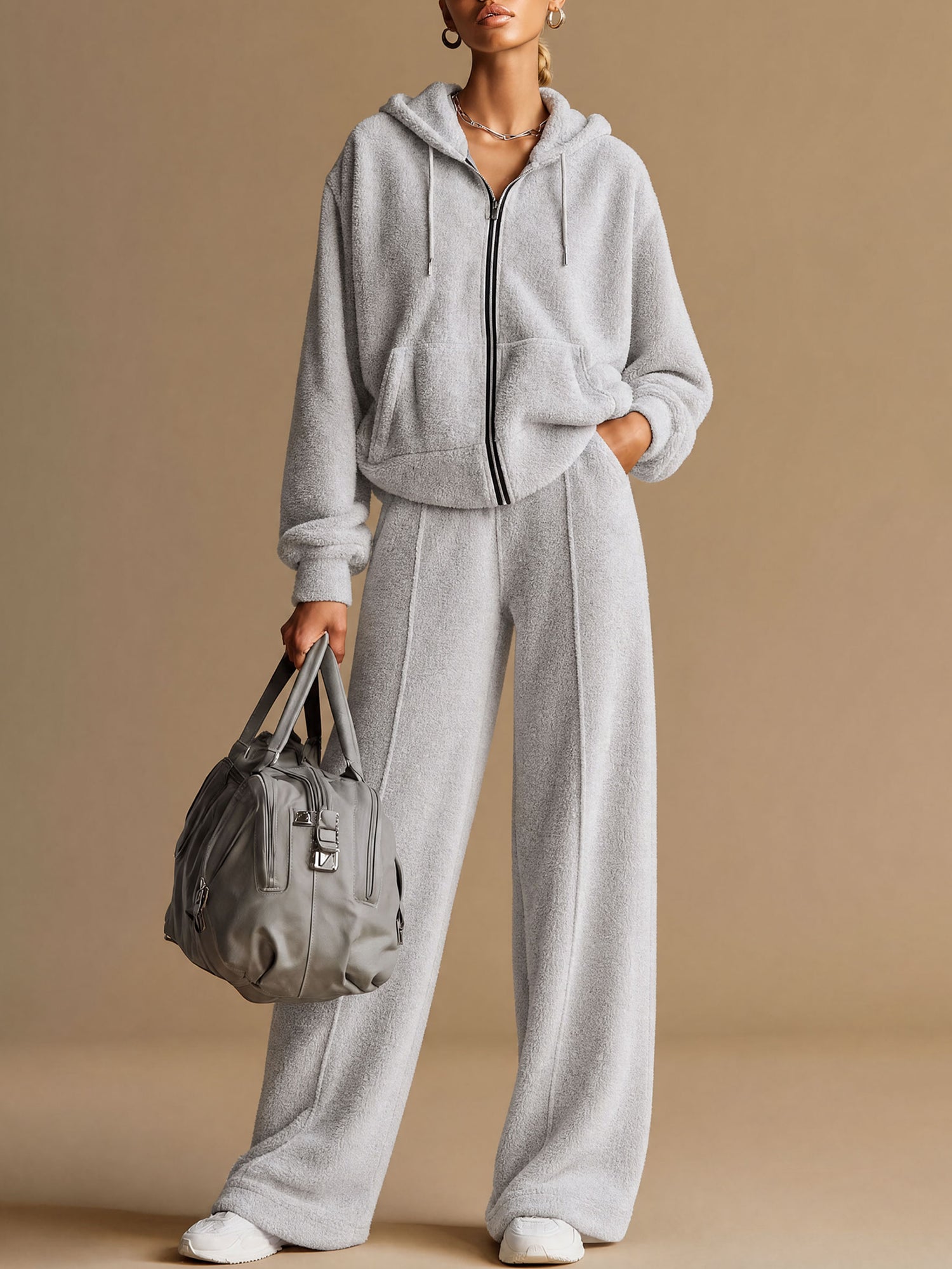Casual Sporty Light Gray Fleece Zip-up Hoodie And Wide-leg Pants Set