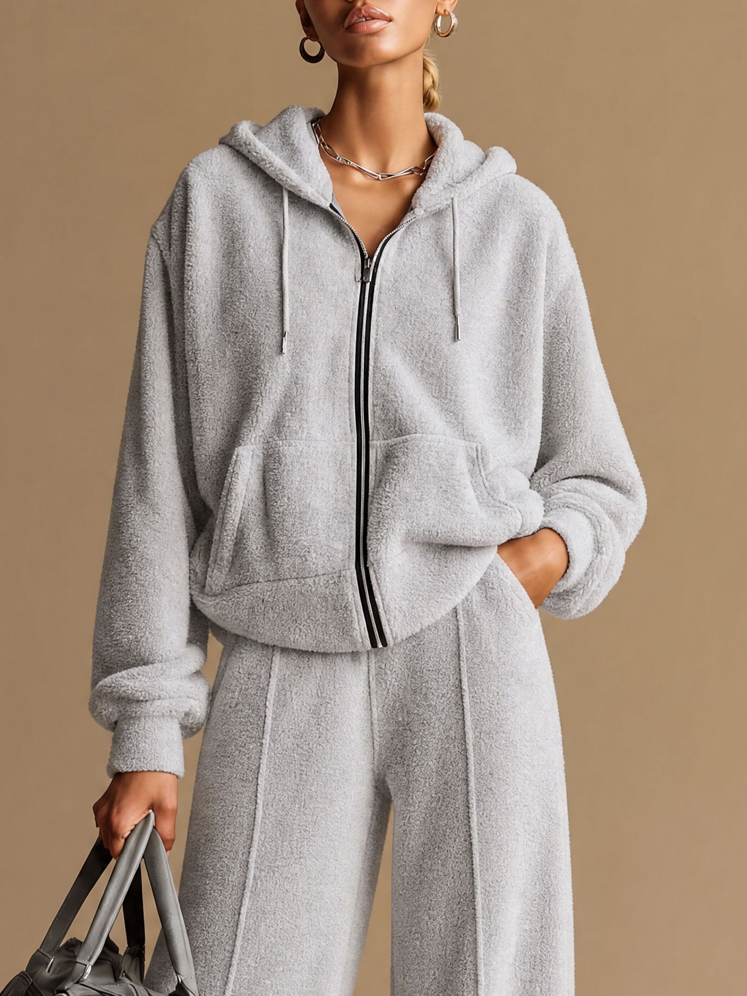 Casual Sporty Light Gray Fleece Zip-up Hoodie And Wide-leg Pants Set