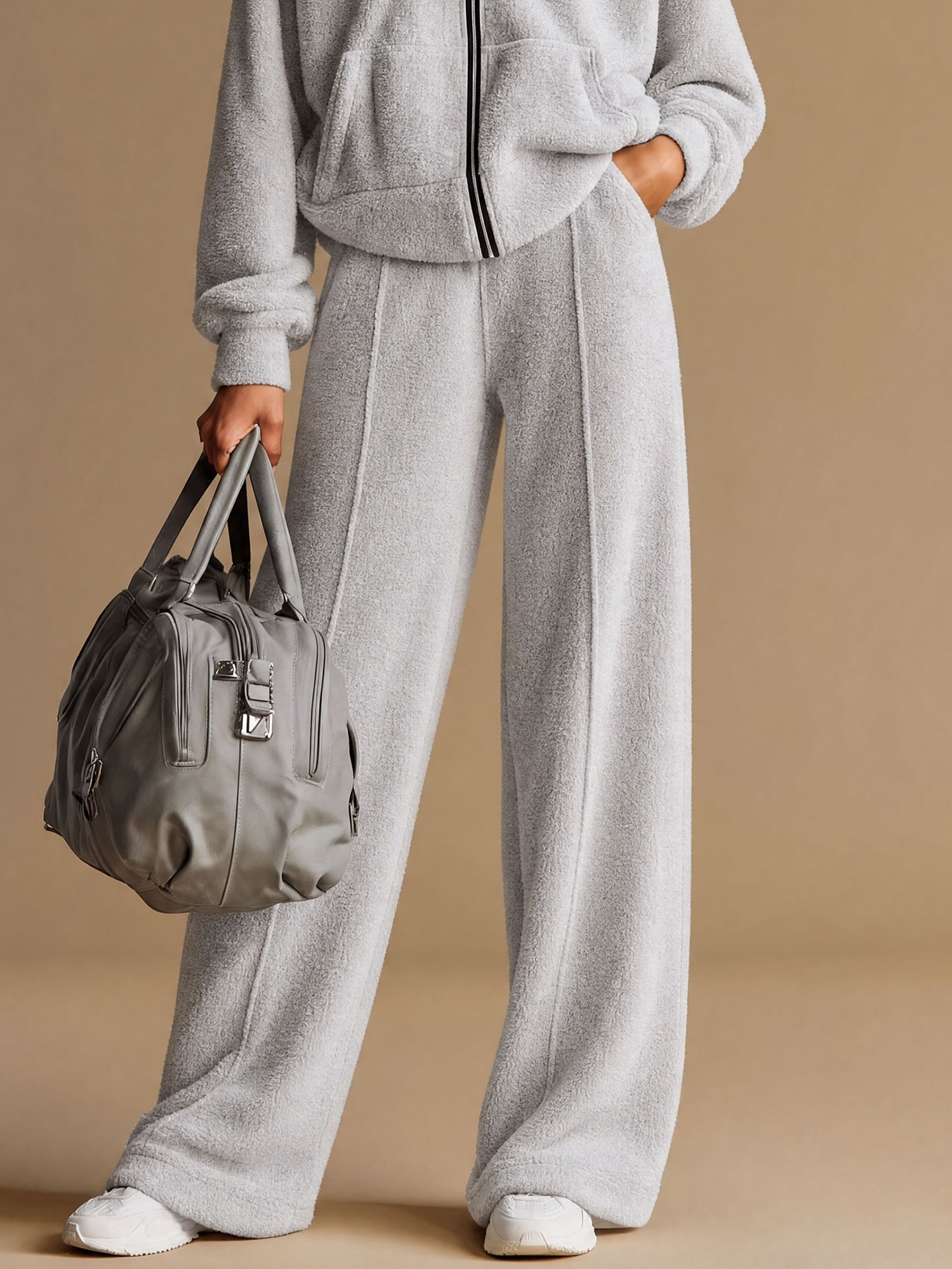 Casual Sporty Light Gray Fleece Zip-up Hoodie And Wide-leg Pants Set