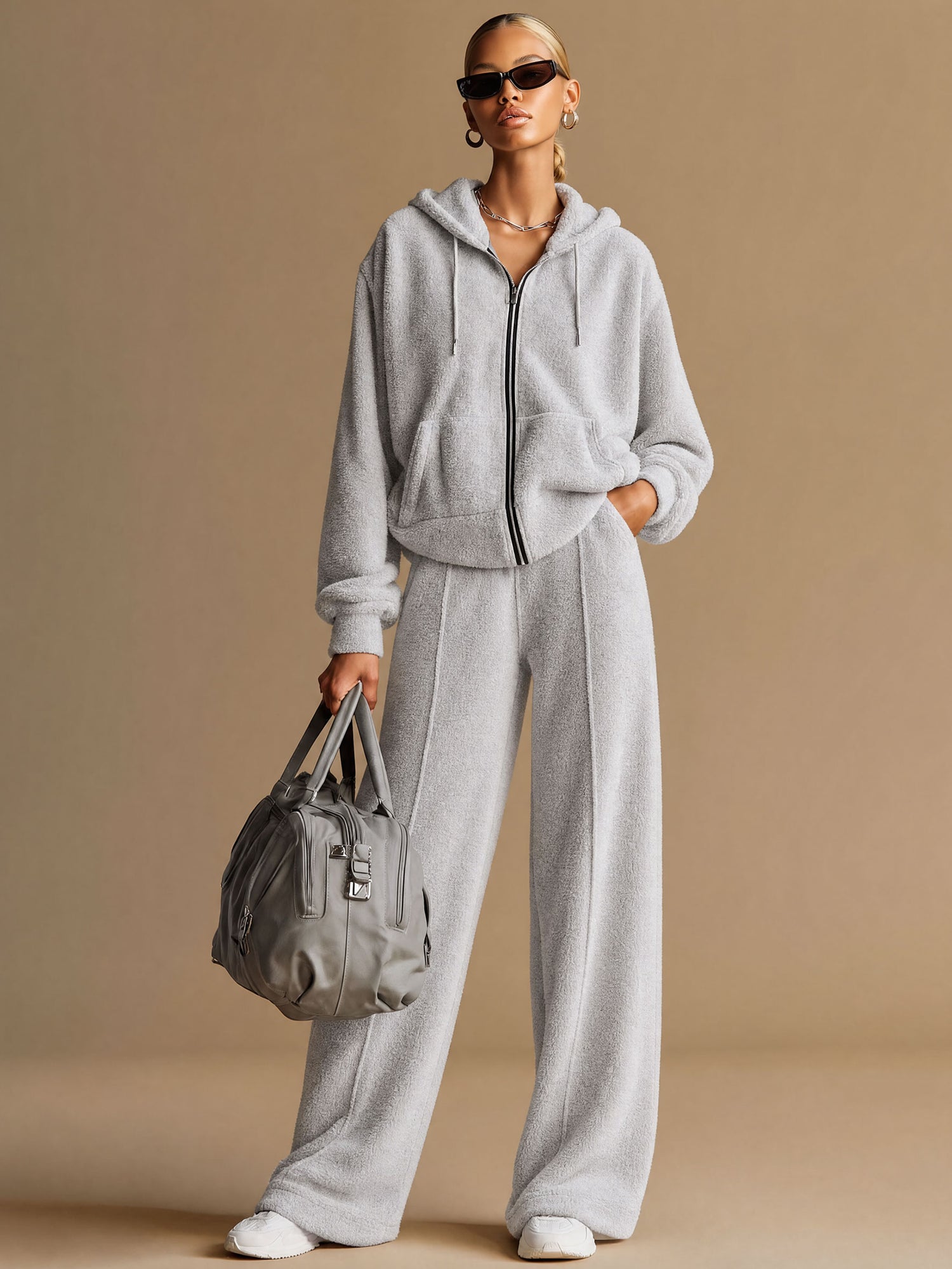 Casual Sporty Light Gray Fleece Zip-up Hoodie And Wide-leg Pants Set