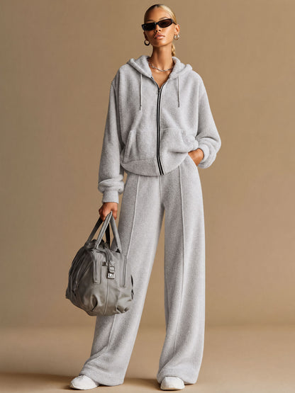 Casual Sporty Light Gray Fleece Zip-up Hoodie And Wide-leg Pants Set