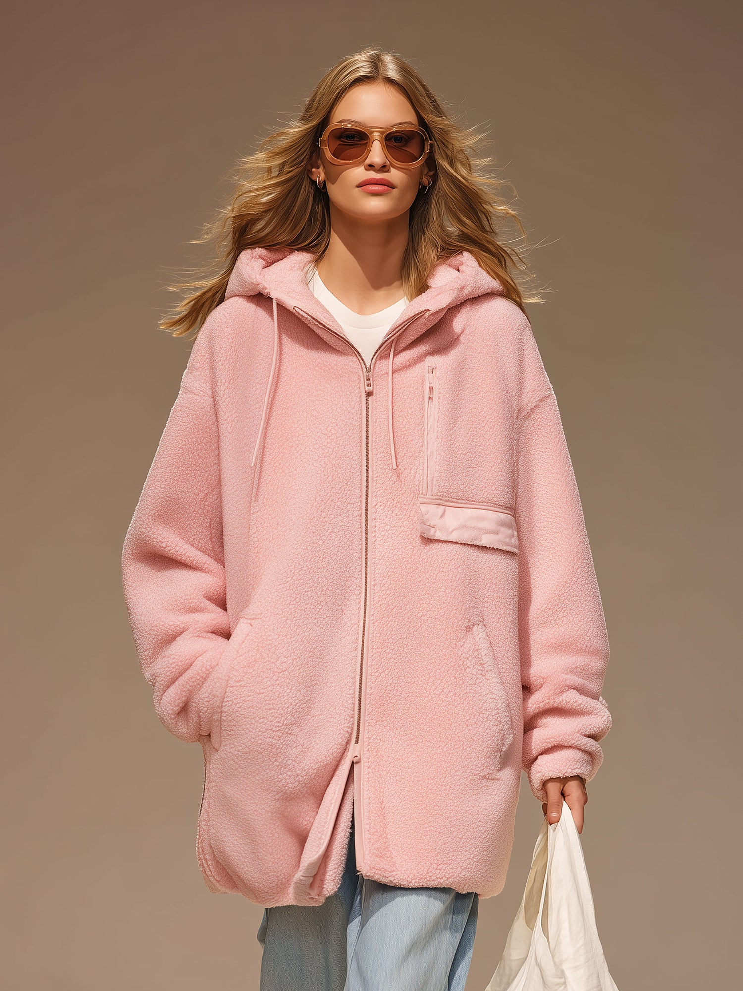 Casual Sporty Pink Fleece Zip-up Hooded Coat