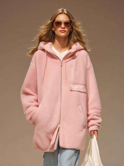 Casual Sporty Pink Fleece Zip-up Hooded Coat