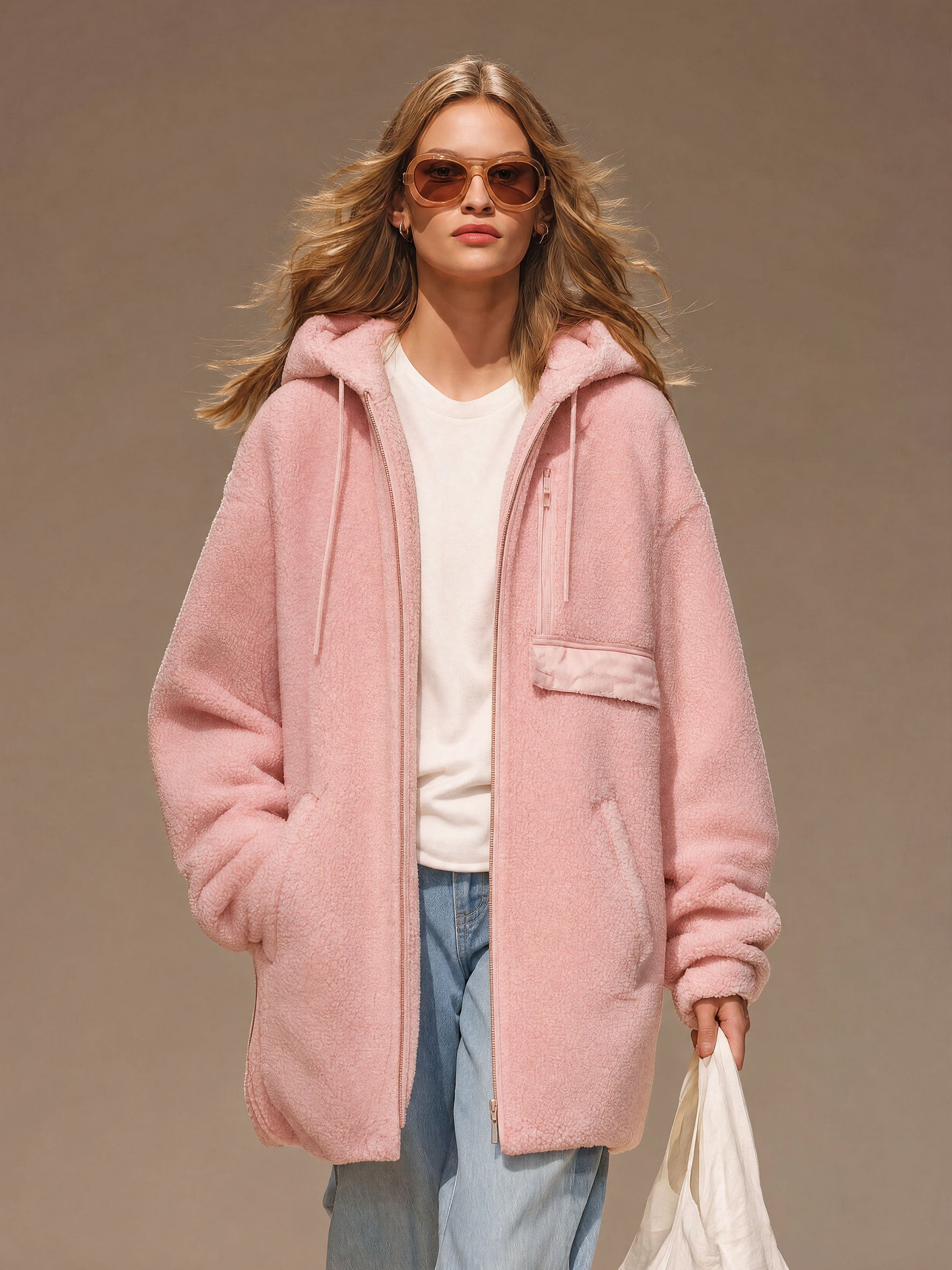 Casual Sporty Pink Fleece Zip-up Hooded Coat