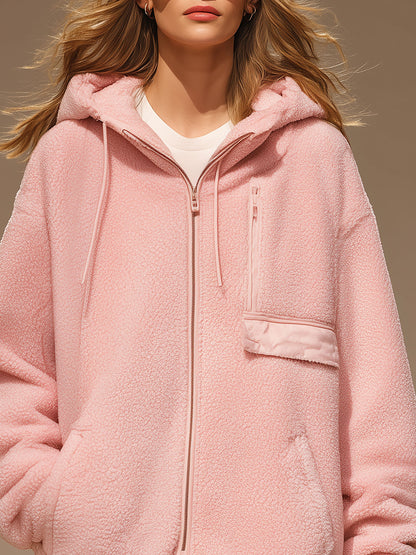 Casual Sporty Pink Fleece Zip-up Hooded Coat