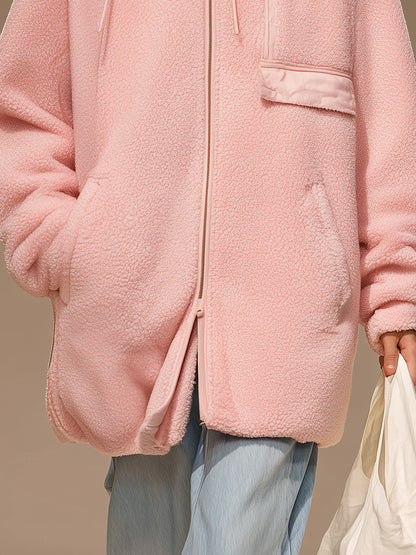 Casual Sporty Pink Fleece Zip-up Hooded Coat