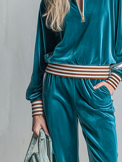 Casual Everyday Striped-Trim Teal Velour Half-Zip Top And Pants Set