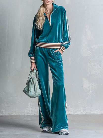 Casual Everyday Striped-Trim Teal Velour Half-Zip Top And Pants Set