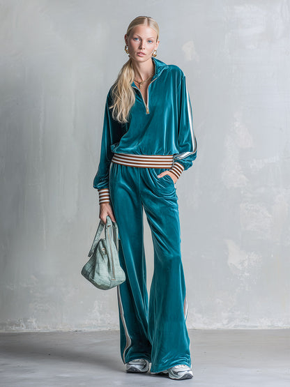 Casual Everyday Striped-Trim Teal Velour Half-Zip Top And Pants Set