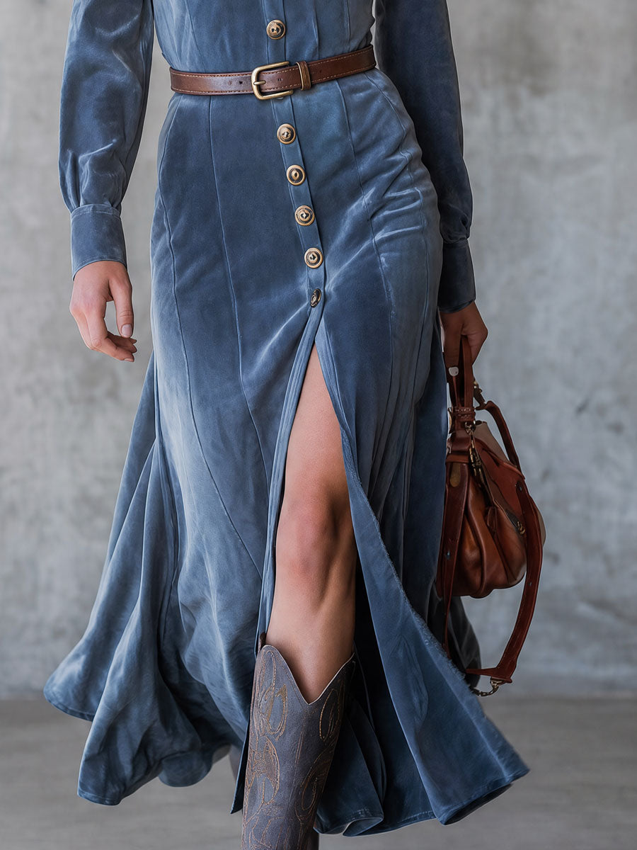 Western Retro Blue Lapel Button-down Velvet Maxi Dress