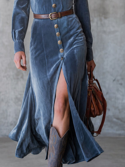 Western Retro Blue Lapel Button-down Velvet Maxi Dress