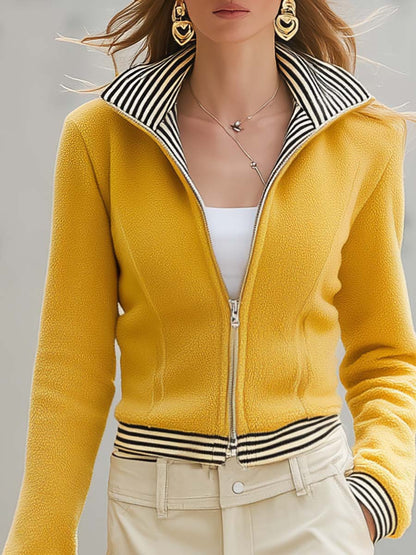Retro Yellow Fleece Stand-Collar Double-Zip Striped-Trim Fitted Cropped Jacket Women