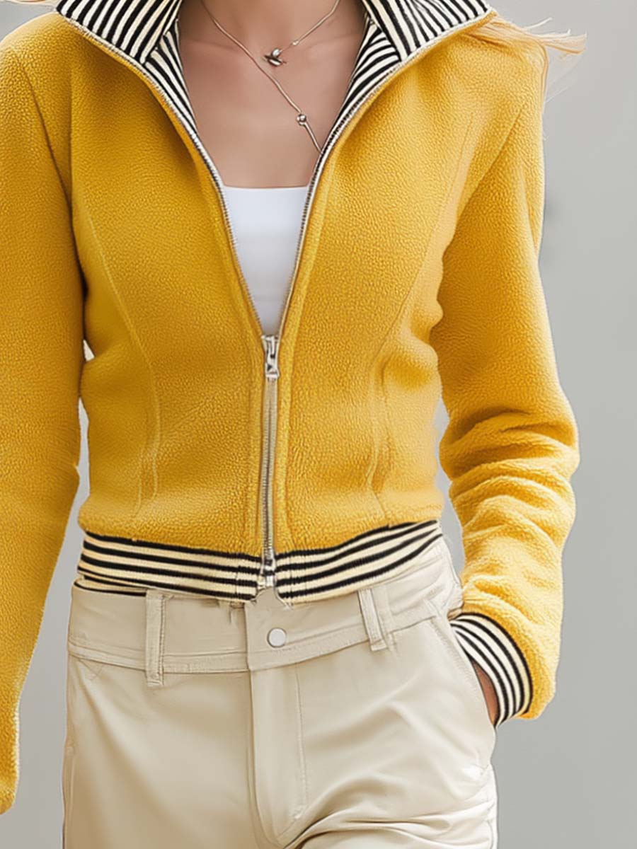 Retro Yellow Fleece Stand-Collar Double-Zip Striped-Trim Fitted Cropped Jacket Women