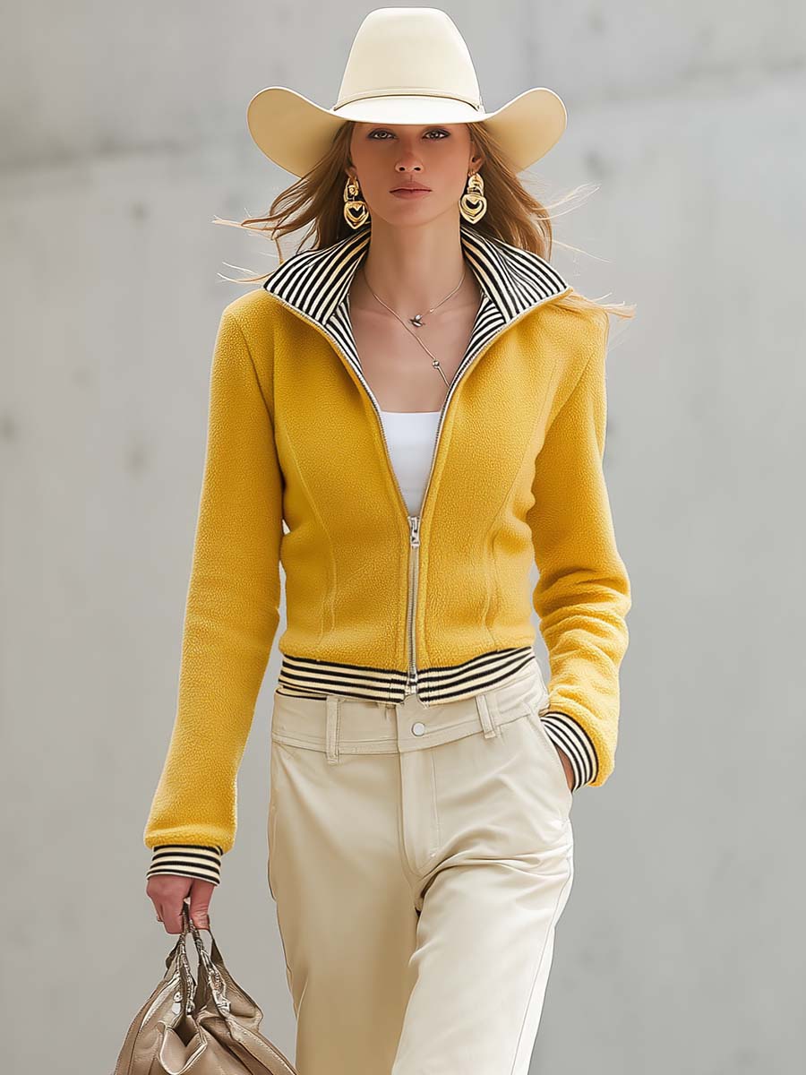 Retro Yellow Fleece Stand-Collar Double-Zip Striped-Trim Fitted Cropped Jacket Women