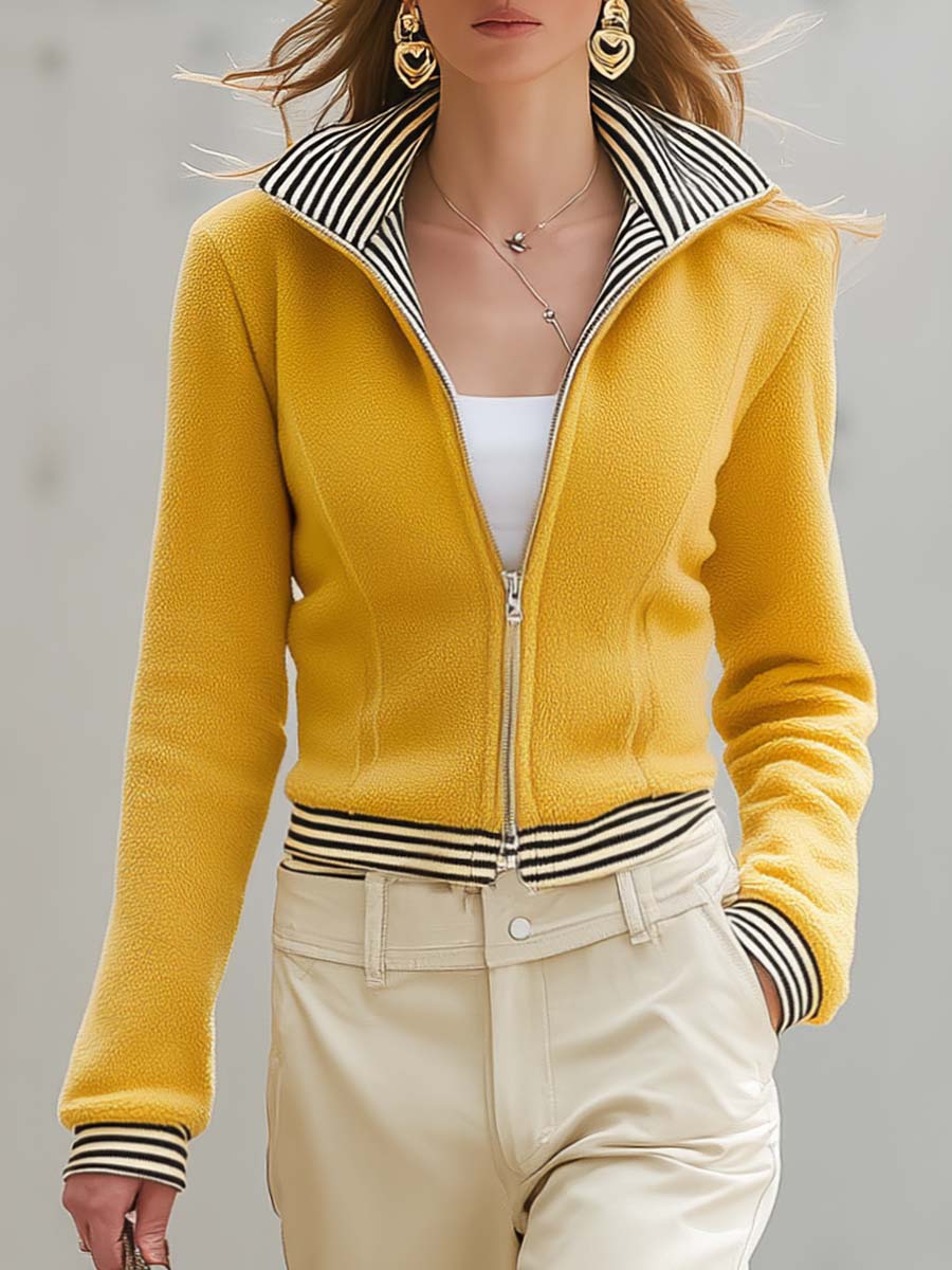 Retro Yellow Fleece Stand-Collar Double-Zip Striped-Trim Fitted Cropped Jacket Women
