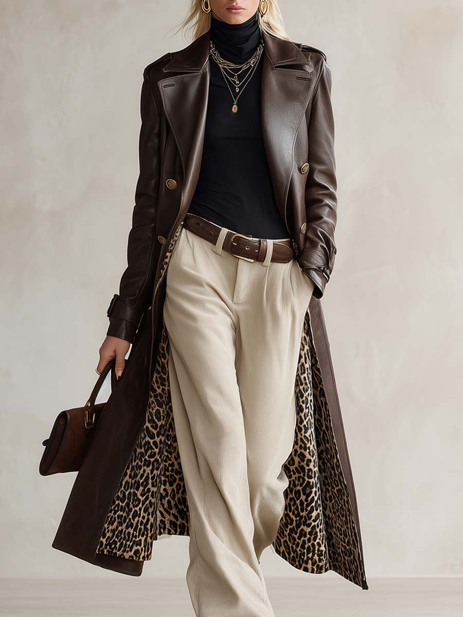 Retro Brown Faux-Leather Peak-Lapel Gold-Button Longline Leopard-Lined Trench Coat Women