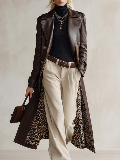 Retro Brown Faux-Leather Peak-Lapel Gold-Button Longline Leopard-Lined Trench Coat Women