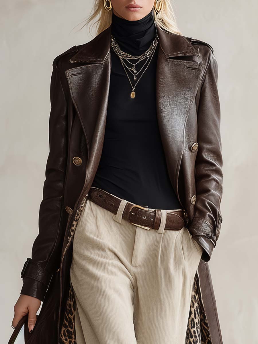 Retro Brown Faux-Leather Peak-Lapel Gold-Button Longline Leopard-Lined Trench Coat Women