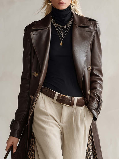 Retro Brown Faux-Leather Peak-Lapel Gold-Button Longline Leopard-Lined Trench Coat Women